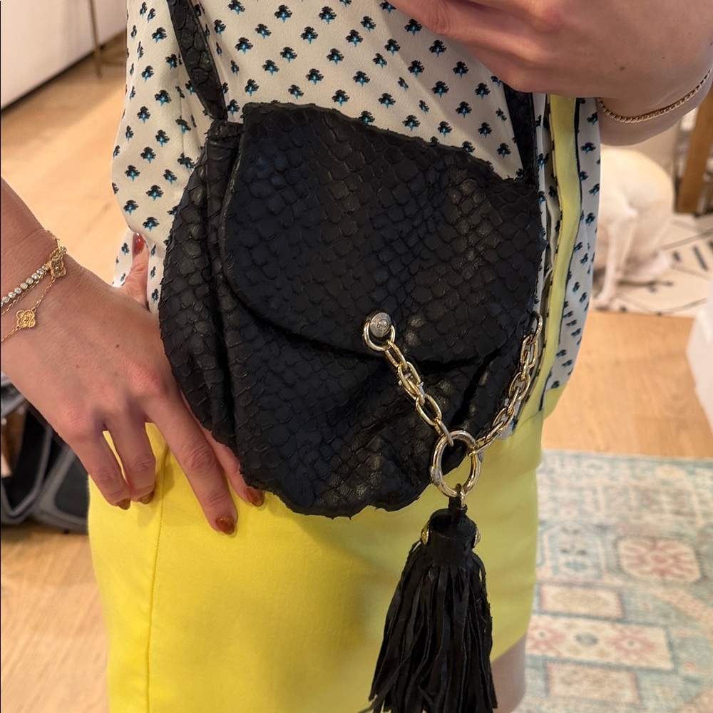 Henri Bendel Leather Black Textured Crossbody Bag with purple satin lining